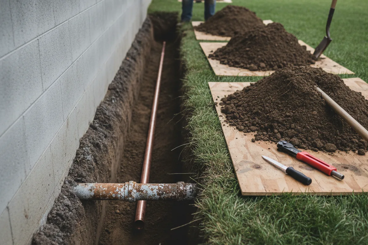 Excavated water line trench during Water Softener Installation in Loa